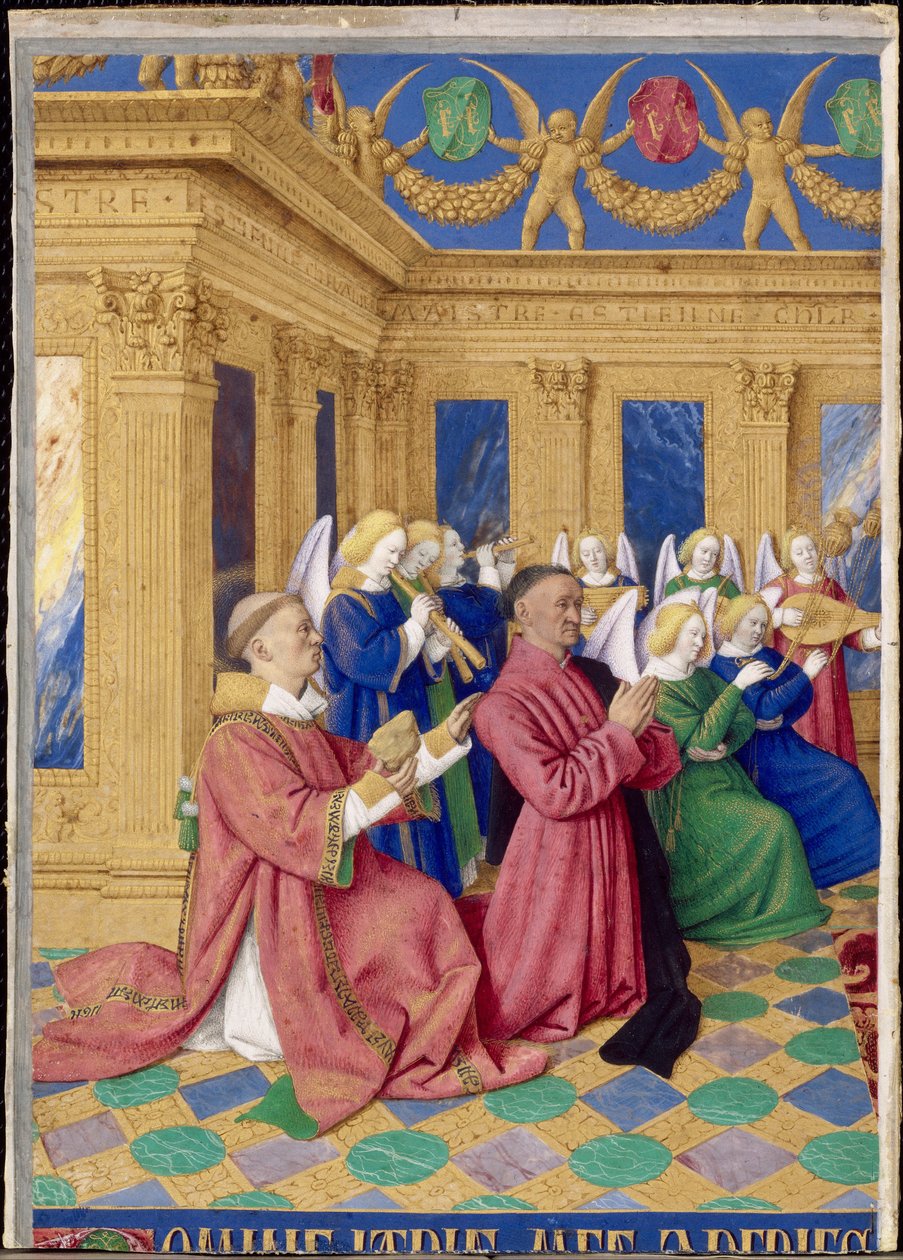 Étienne Chevalier és védőszentje, Szent Étienne, miniatúra Étienne Chevalier óráiból. alkotó: Jean Fouquet