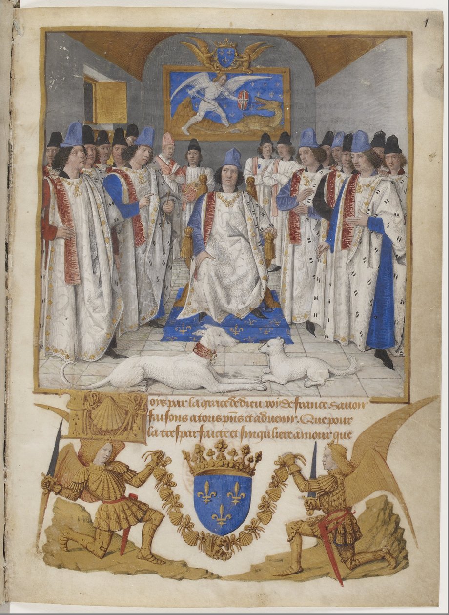 A Szent Mihály-rend statútumának címlapképe, amely XI. Lajosnak készült. alkotó: Jean Fouquet