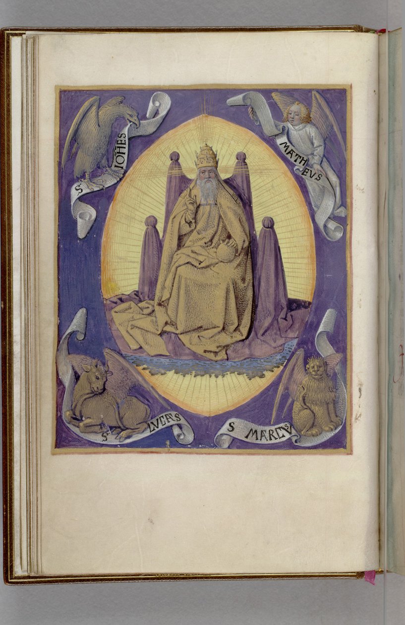 Az Atyaisten a négy evangélista szimbólumával a sarkokban. Órakönyv, 1450-1499 alkotó: Jean Fouquet