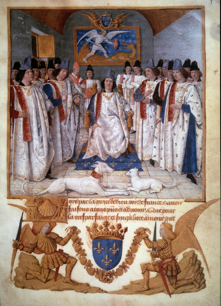 A Szent Michel-rend egy káptalan tartotta XI. Lajos (1423-1483) körül. Miniatűr Jean Fouquet (1420-1481) „Szent-Michel-rend statútumából” 1470 Párizs, B.N. alkotó: Jean Fouquet