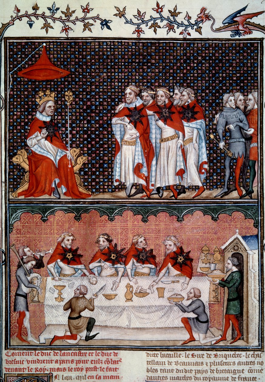 Jean le Bon (1319-1364) Csillagrend intézete és bankett 1352-ben Miniatűr Jean Fouquet (1420-1481) „Les grandes chronicles de France”-ból 1455-1460 Párizs, B.N. alkotó: Jean Fouquet