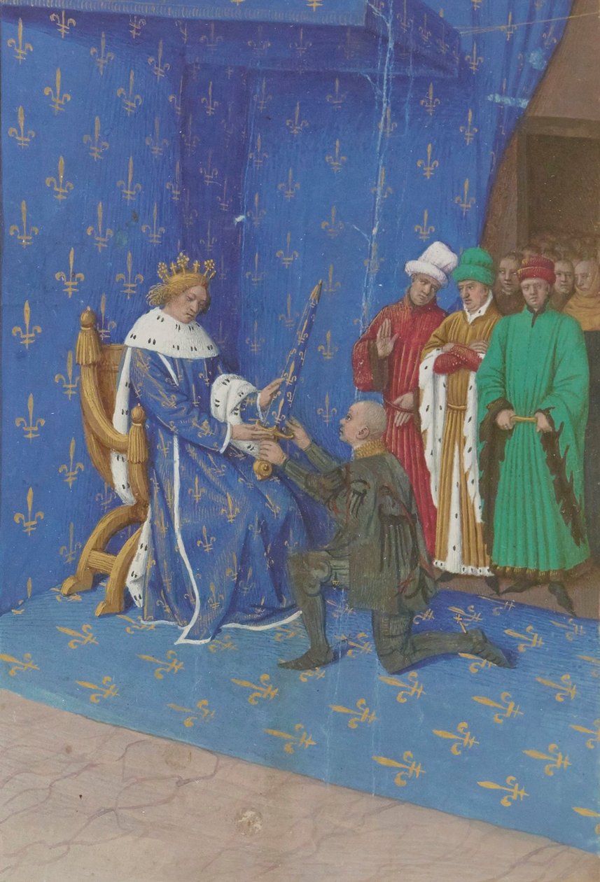 Jean Fouquet - A hálókard átadása Bertrand Duguesclinnek - Illumináció (15. század) alkotó: Jean Fouquet
