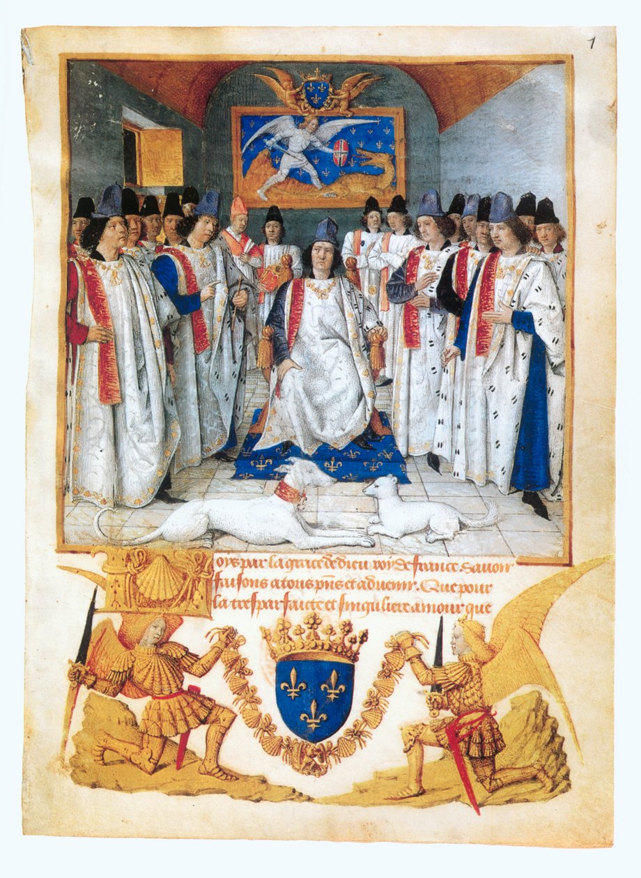 XI. Lajos király elnököl a ... (illuminált kézirat) alkotó: Jean Fouquet