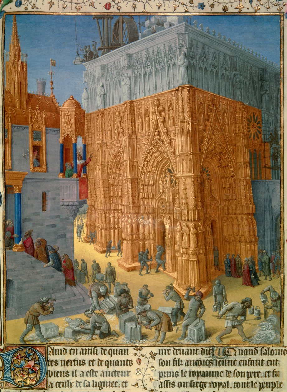 Salamon király építi a jeruzsálemi templomot A király palotája erkélyéről vesz részt az építkezésen. Miniatűr Josephus Flavius (Giuseppe Flavio, Flavius Josephe) „The Judaic Antiquities” (37-100) kéziratából, amelyet Jea illusztrált alkotó: Jean Fouquet