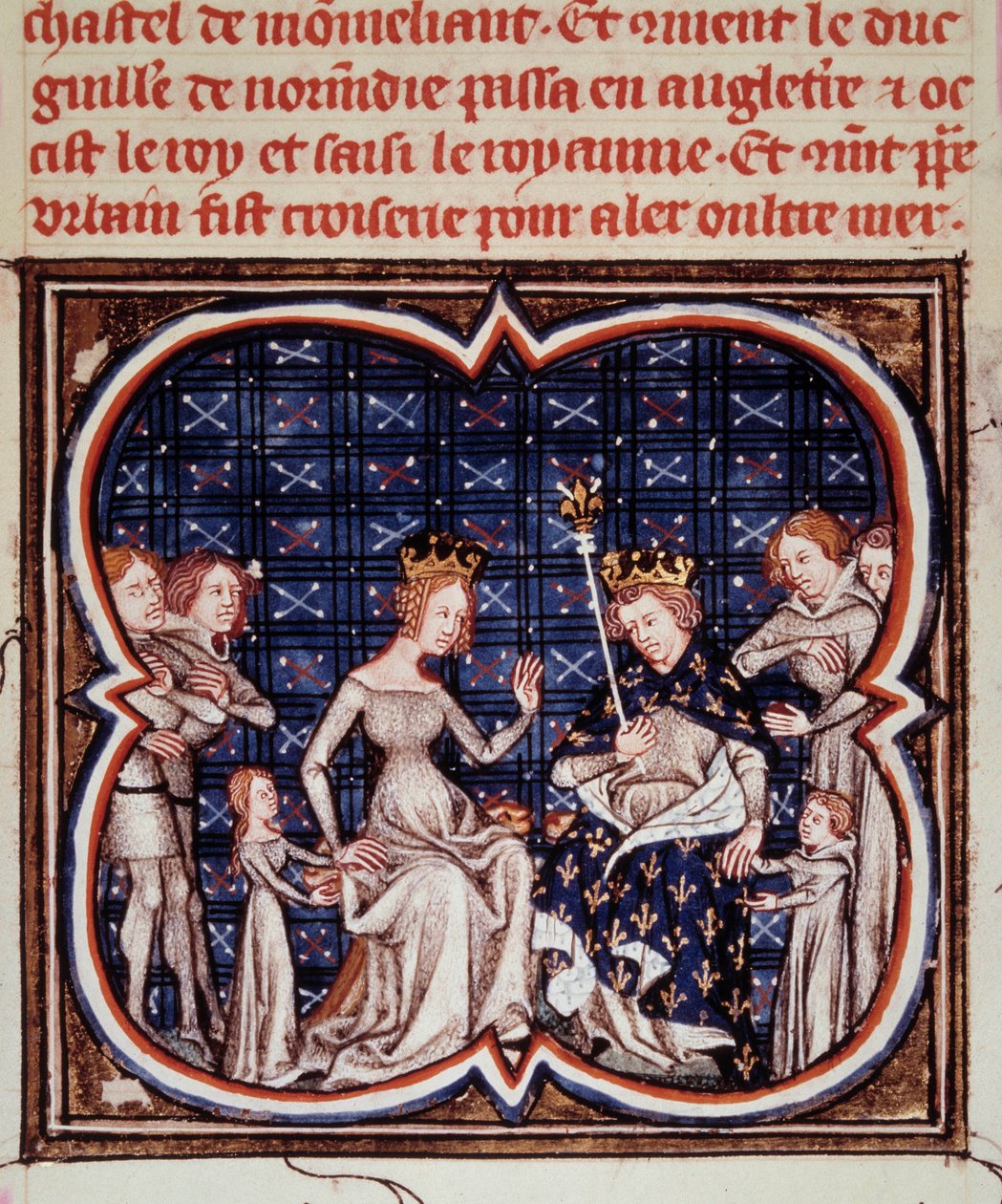 I. Fülöp francia király (1052-1108) feleségével, Hollande-i Berthe-vel és gyermekeikkel, Franciaországi Konstanzával (1078-1125) és VI. Lajossal (1081-1137) Miniatűr a „Les grandes chronicles de France”-ból” (ms. fr 2813 fol. 182) 1375-1380 Paris, B.N. alkotó: Jean Fouquet