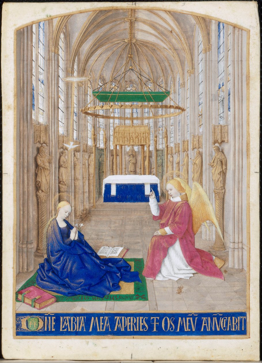 Az Angyali üdvözlet, miniatűr Etienne Chevalier óráiból. Szentlélek hivatala, matins alkotó: Jean Fouquet