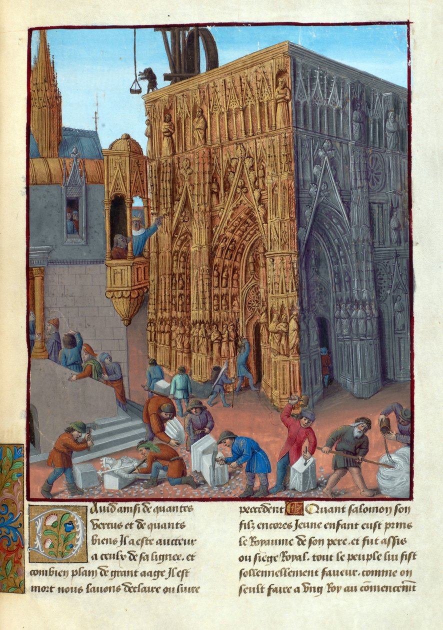 La construction du temple de Salomon – Salamon templomának épülete. Illusztráció: Flavius Josephus ""A zsidók régiségei"" (Antiquitatum Iudaicarum) par Fouquet, Jean (1420-1481). Gouache pergamen, 15. század vége, Bibliotheque Nationale alkotó: Jean Fouquet