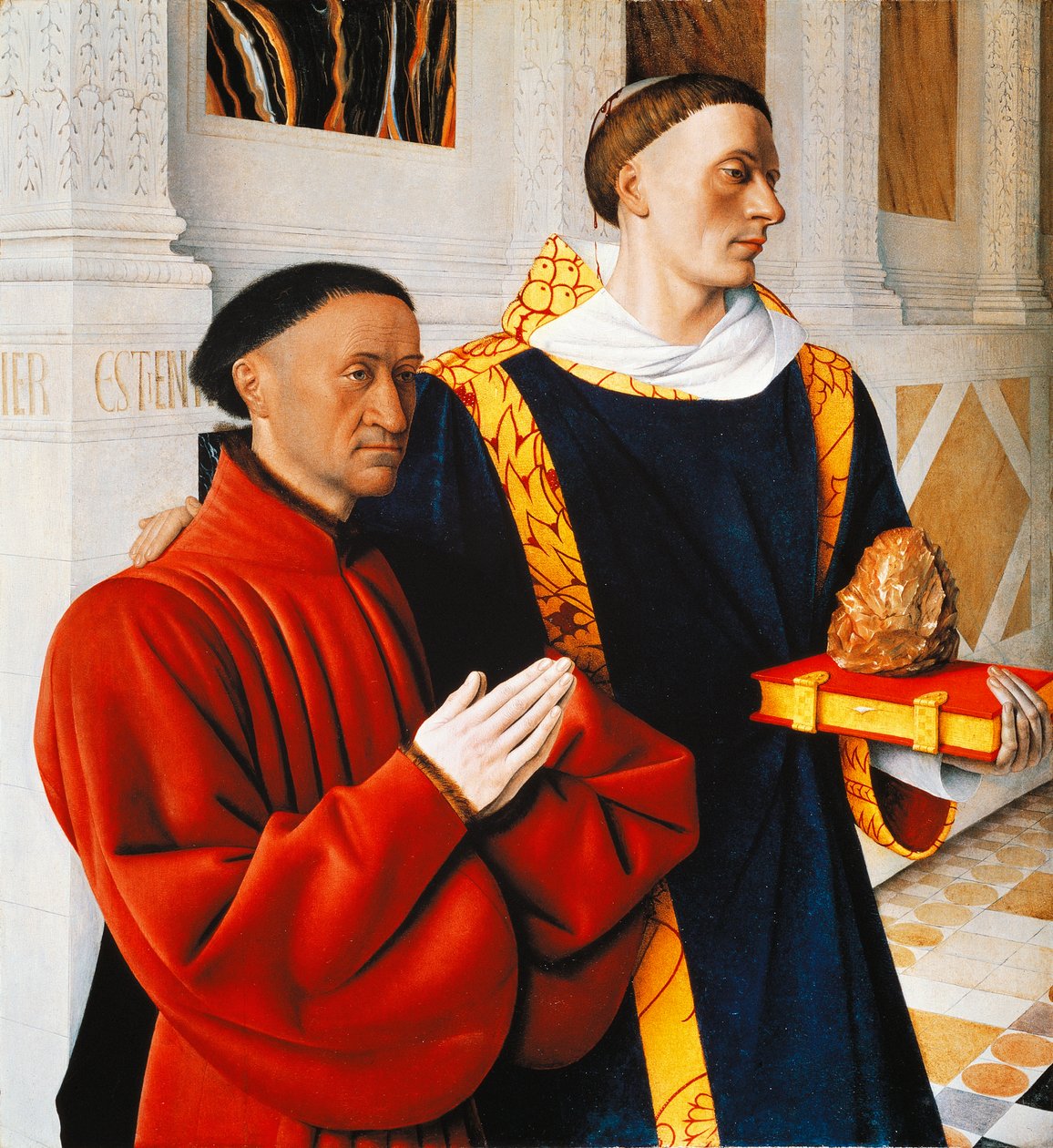 A Melun Diptichon bal oldali panelje: Etienne Chevalier védőszentjével, Szent Istvánnal alkotó: Jean Fouquet