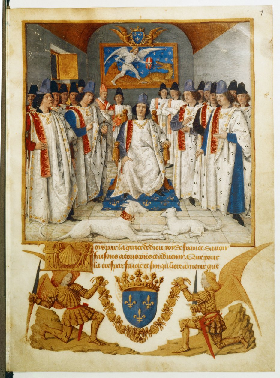 XI. Lajos elnököl a Szent Michel-rend gyűlésén ... alkotó: Jean Fouquet