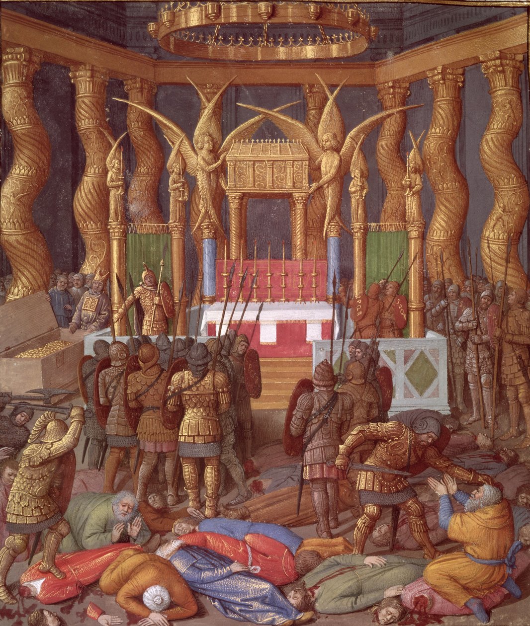 Ms Fr 247 f.293 A jeruzsálemi templom megszentségtelenítése Pompeius és katonái által Kr. e. 63-ban, illusztráció az "Antiquites Judaiques"-ból, 1470 körül. alkotó: Jean Fouquet
