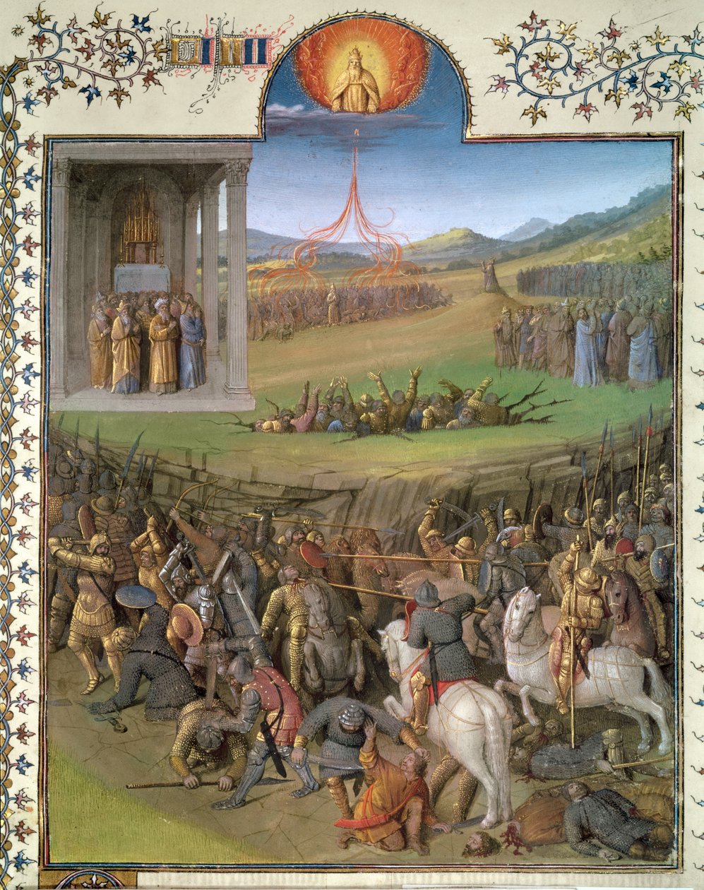 Ms Fr 247 f.70 A héberek csatája a kánaániták ellen, valamint Korah és a lázadók büntetése, illusztráció az „Antiquites Judaiques” című könyvből, 1470 körül alkotó: Jean Fouquet