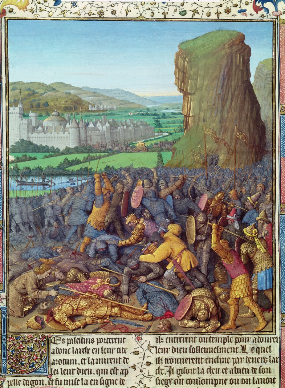 Ms Fr 247 fol.110 Az izraeliták győzelme a filiszteusok felett, illusztráció az "Antiquites Judaiques"-ból, 1470 körül. alkotó: Jean Fouquet