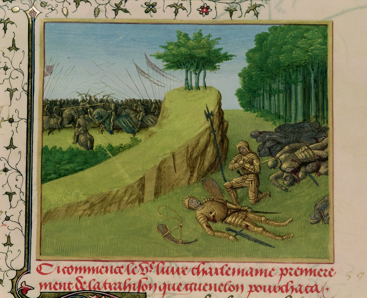 Ms Fr 6465 f.113 Nagy Károly császár megtalálja Roland holttestét a roncevaux-i csata után, a Les Grandes Chroniques de France-ból, 1460 körül alkotó: Jean Fouquet
