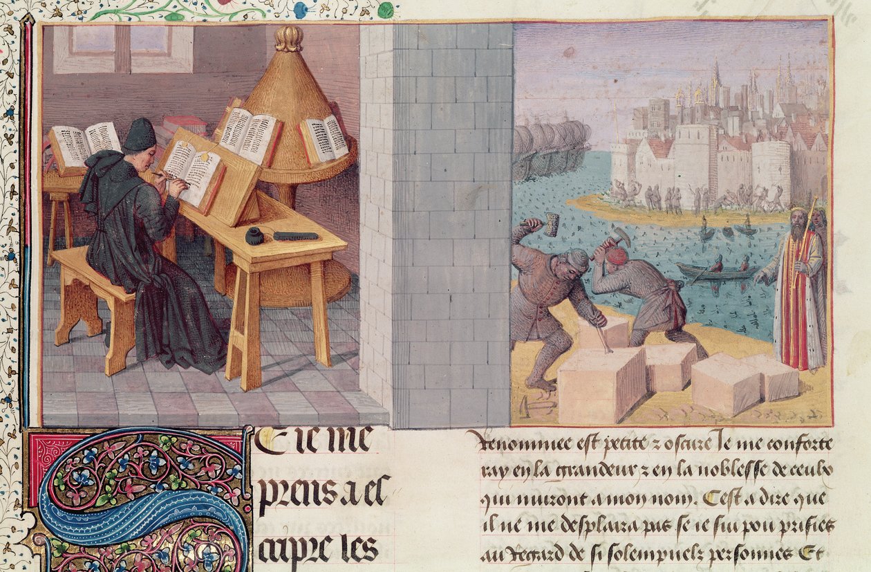 Ms.fr.273 fol.7 Livius (Kr. e. 59-Kr. e. 17) Írás és Róma alapítása, a "Római nép évkönyvei"-ből, Pierre Bersuire fordításában, 1475 körül alkotó: Jean Fouquet