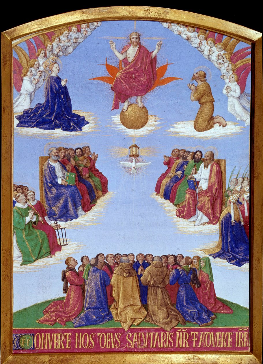 Pünkösd: a Szentlélek mennybemenetele. Miniatűr Jean Fouquet (1420-1477/1481) „Etienne Chevalier óráinak könyvéből” alkotó: Jean Fouquet