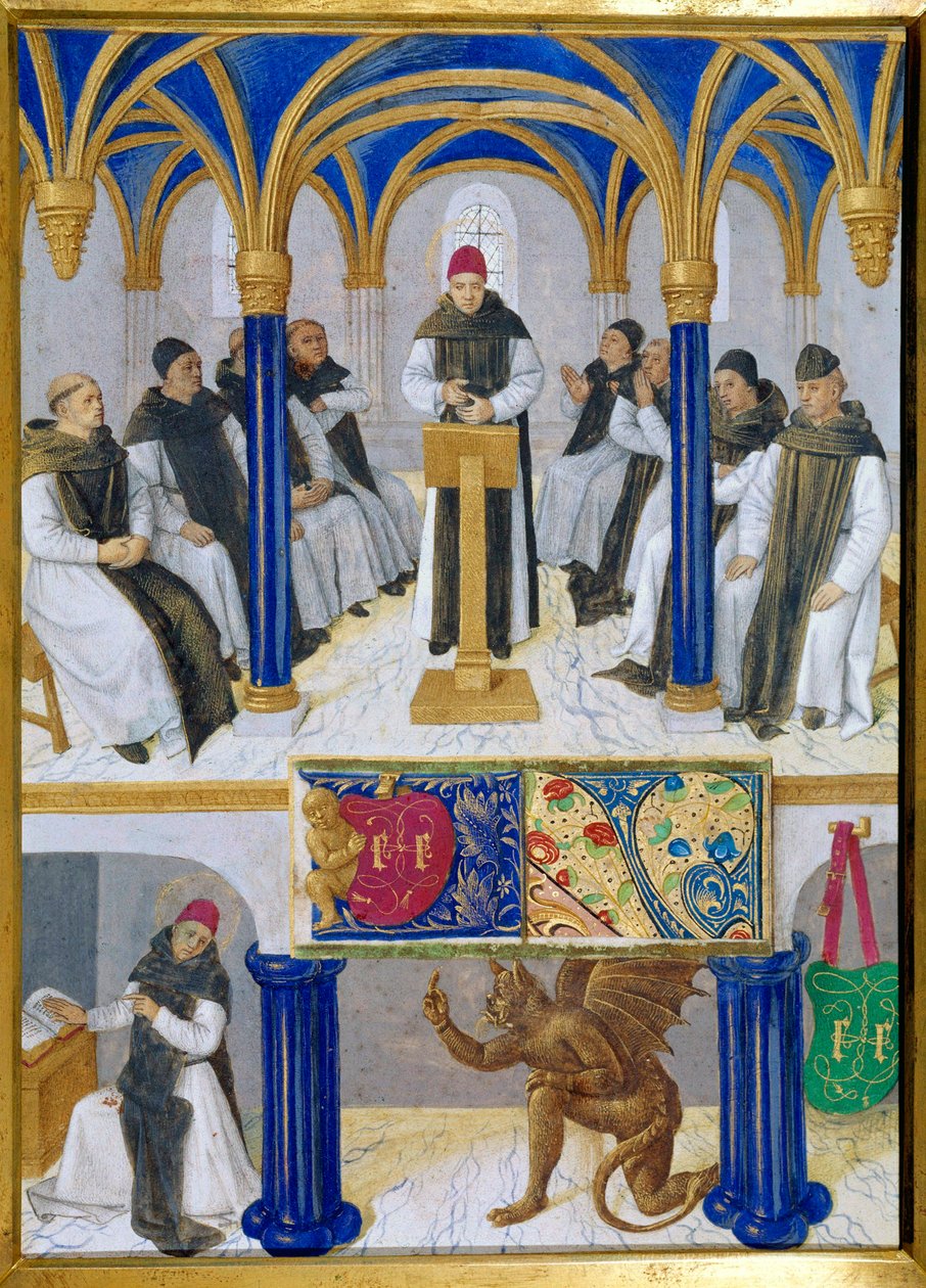 Clairvaux-i Szent Bernát (San Bernardo di Chiaravalle) (1090-1153) tanár és sátra ábrázolása az ördög által Miniatűr Jean Fouquet (1420-1477/1481) „Etienne Chevalier óráinak könyvéből” alkotó: Jean Fouquet