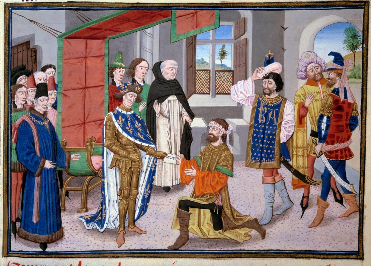 Hetedik keresztes hadjárat: Szent Lajos (vagy IX. Lajos) francia király (1214-1270) Nicosiában, Cipruson 1245 körül. Miniatűr Jean Fouquet (1420-1481) „Nagy krónikáiból”. Párizs, az Arzenál könyvtára alkotó: Jean Fouquet
