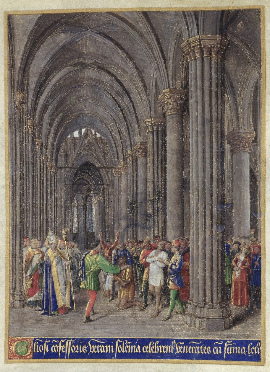 St. Veran ördögűzi a megszállottakat a Notre-Dame de Paris székesegyház északi folyosójában, a "Heures d