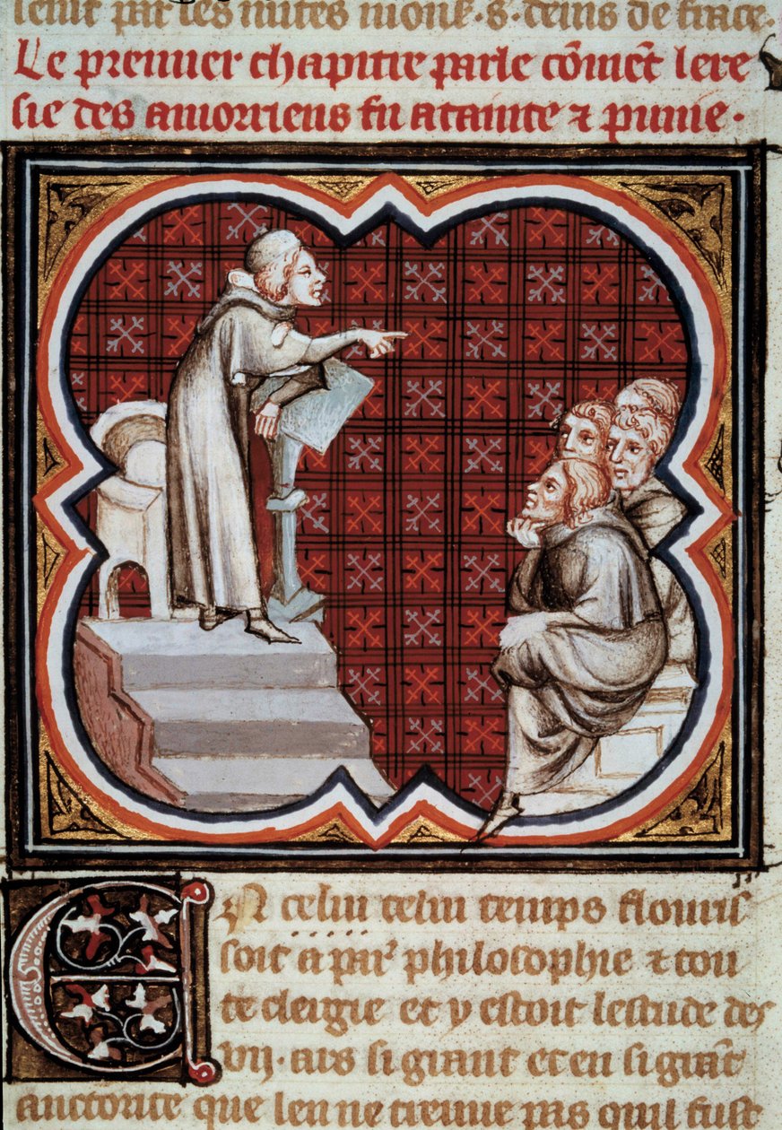 Amaury de Chartres (vagy Amaury de Bene vagy Amalricus de Bene) francia filozófus és teológus (meghalt 1209-ben) tanítványai (az amauriciaiak) előtt. Miniatűr a Les Grandes Chronicles de France-ból”” Jean Fouquet (1420-1481) fényében alkotó: Jean Fouquet