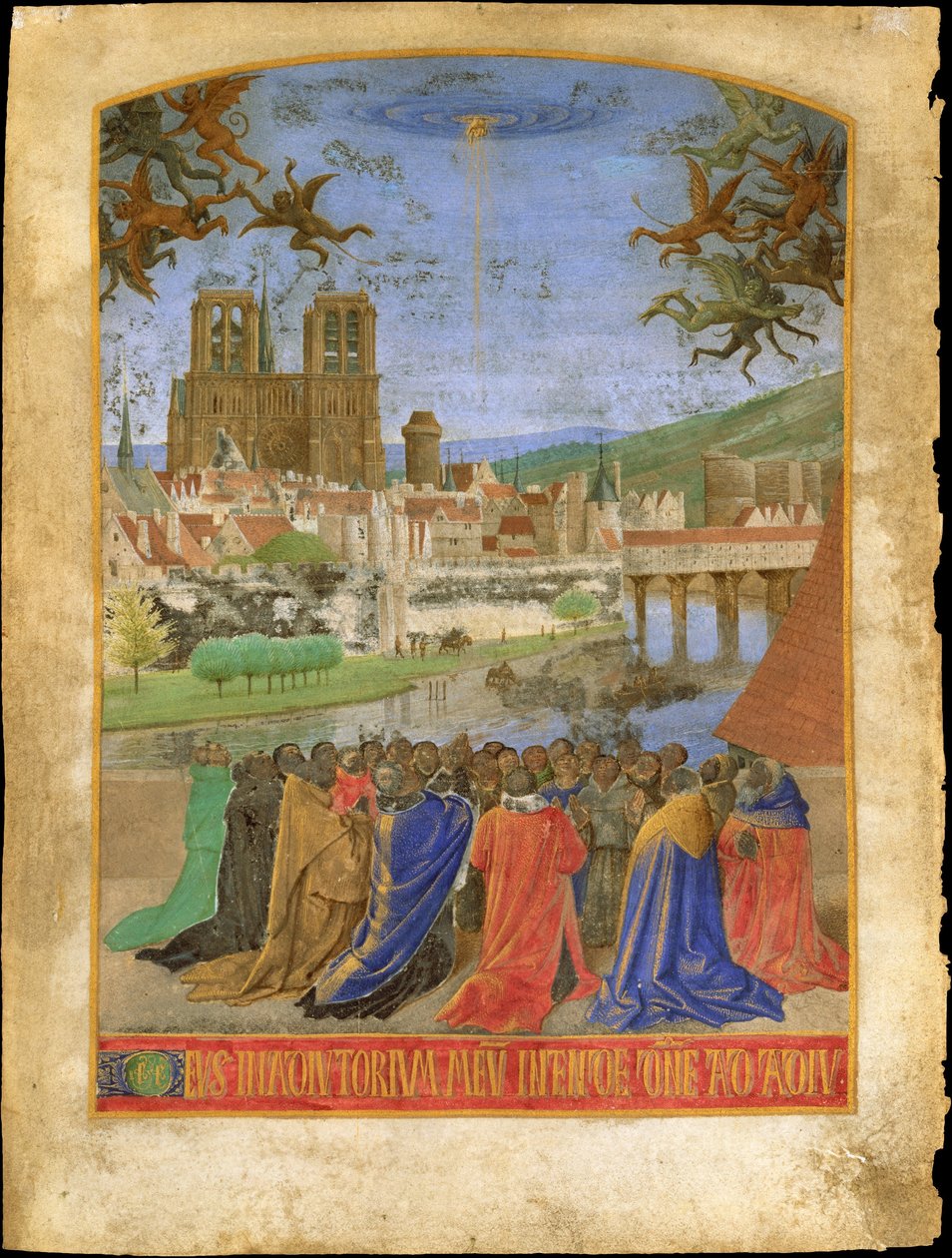 Isten jobb keze, aki megvédi a híveket a démonok ellen, 1452-1460 körül (tempera és aranylevél pergamenen) alkotó: Jean Fouquet