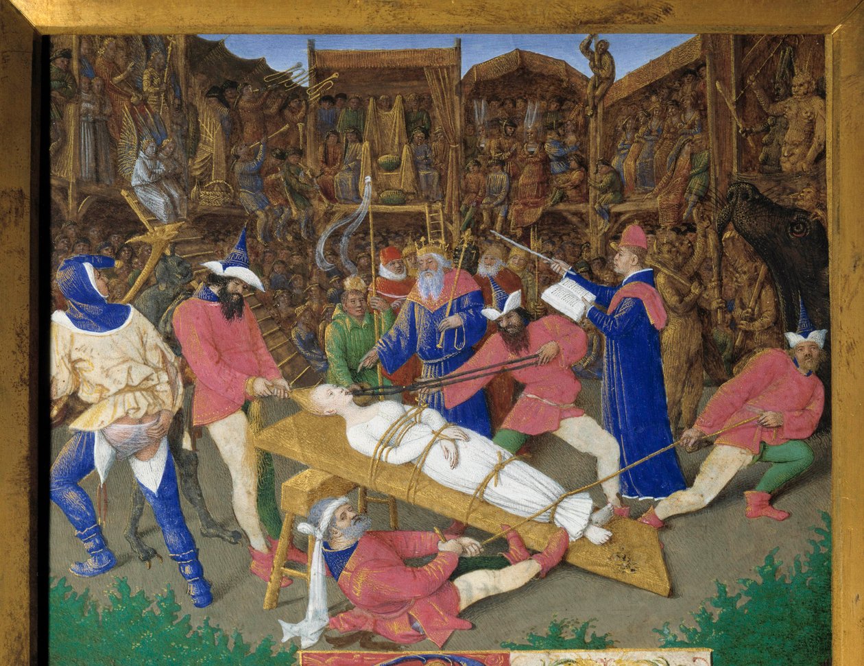 A szentek szavazatai. Szent Apollin (vagy Apollónia) mártíromsága Az alexandriai keresztény Szent Apollint a páiaiak megkínozzák i.sz. 249-ben. A hóhérok meghúzzák a haját és kitörik a fogait. Dece császár néző. Egy miniatűr részlete készült alkotó: Jean Fouquet