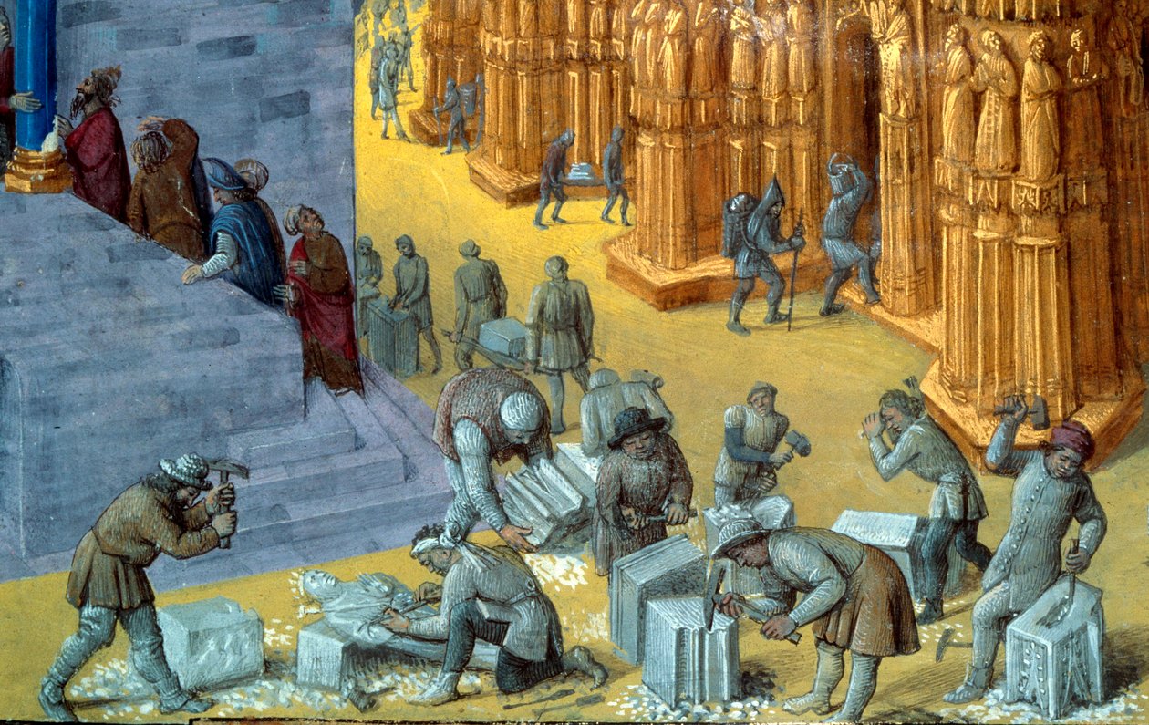 A jeruzsálemi templom építése Salamon király által A kőfaragókat ábrázoló részlet. Miniatűr Josephus Flavius (Giuseppe Flavio, Flavius Josephe) (37-100) „A judaikus régiségek” című kéziratából, Jean Fouquet (1425-1481) illusztrálásával alkotó: Jean Fouquet