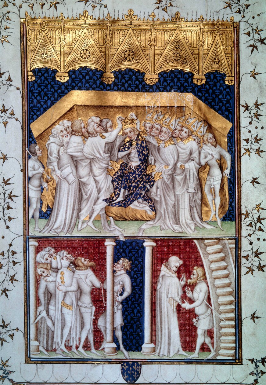 VI. Károly (1368-1422) megkoronázása Franciaország társai által 1380.09.16-án. Miniatűr a Grandes Chronicles de France-ból”” Jean Fouquet (1420-1481) 15. századi Párizs, B.N. alkotó: Jean Fouquet