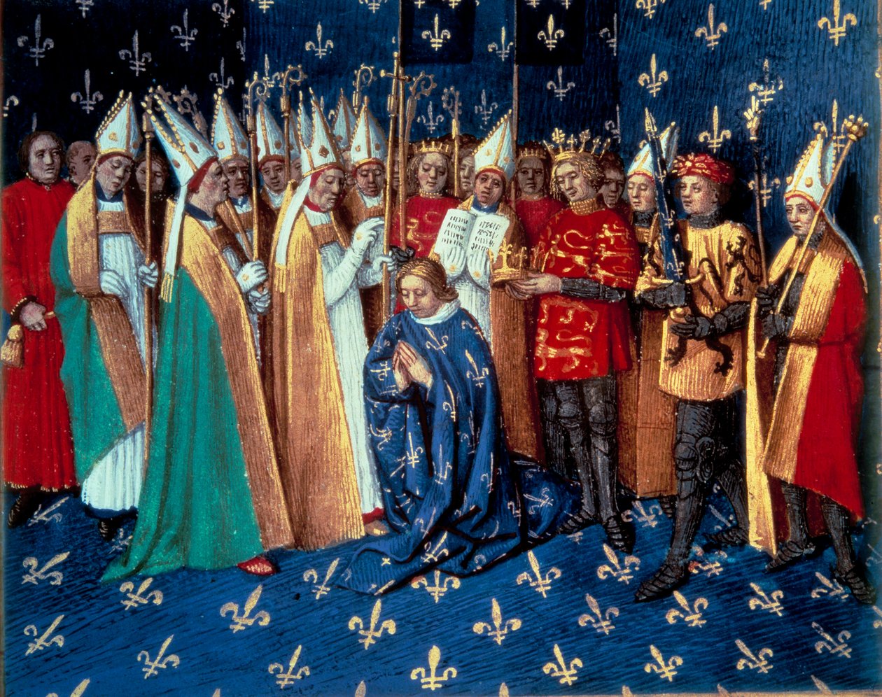 Philippe Auguste megkoronázása Reimsben 1179.11.1. Miniatűr Szent Denis krónikáiból”” Jean Fouquet (1420-1481) XV. Paris, B.N. alkotó: Jean Fouquet