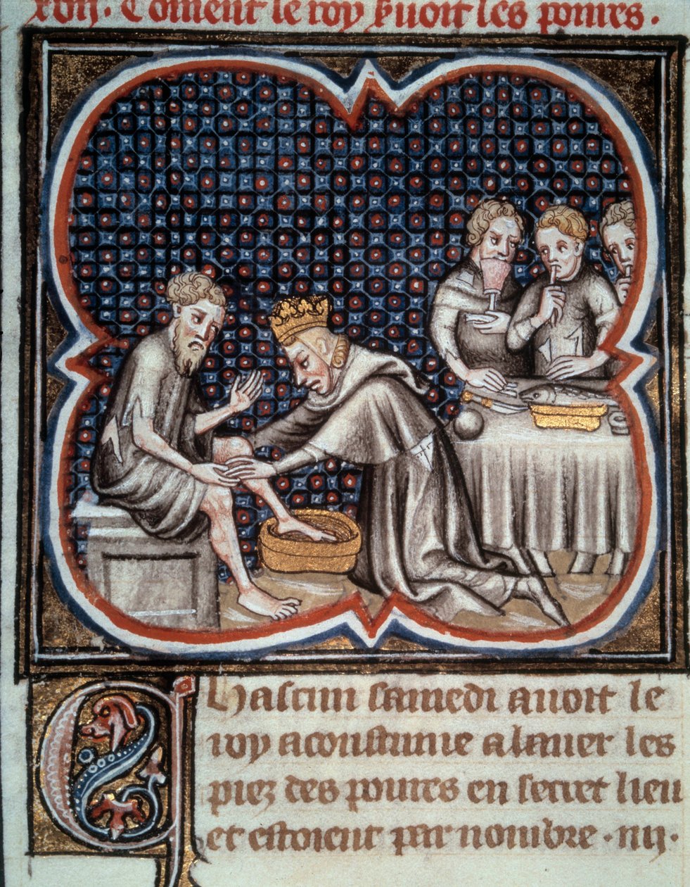 IX. Lajos király (1214-1270) lába (Szent Lajos): enni ad és megmossa a szegények lábát. Miniatűr Jean Fouquet (1420-1481) „Les Grandes Chronicles de France” kéziratából, XV. Paris, B.N. alkotó: Jean Fouquet