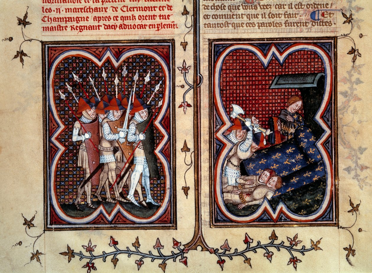 A marechaux Robert de Clermont és Jean de Conflanst Etienne Marcel (1315-1358) és emberei meggyilkolták Charles delfin (a jövő V. Károly) szobájában a Palais de la cite-ban február 22-én. alkotó: Jean Fouquet