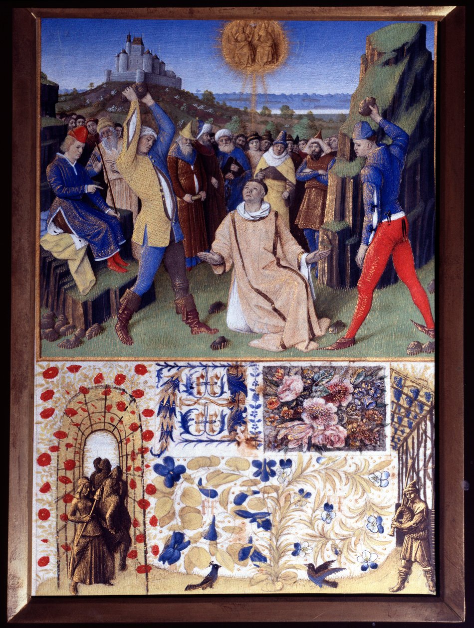 Szent István mártíromsága megkövezéssel Miniatűr Jean Fouquet (1420-1477/1481) Etienne Chevalier óráinak könyvéből alkotó: Jean Fouquet