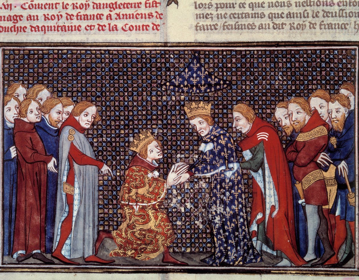 III. Edward angol király (1312-1377) tisztelgése VI. Valois-i Fülöp (1294-1350), francia király előtt 1330-ban. Miniatűr Jean Fouquet (1420-1481) „Les grandes chronicles de france”-ból alkotó: Jean Fouquet