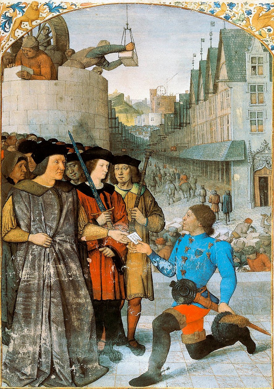 Rochechouart vikomtja királyi hírnököt fogad. Jean Fouquet (1420-1481) miniatúrája a „Franciaország nagy krónikáiból”. 1455-1460 alkotó: Jean Fouquet