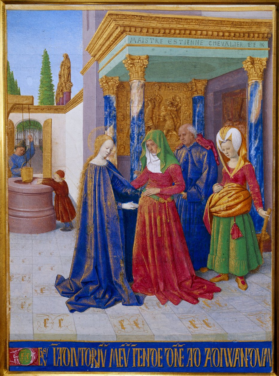 Látogatás. Szűz Mária és Szent Erzsébet találkozása. Miniatűr Jean Fouquet (1420-1481) „Les Hours d