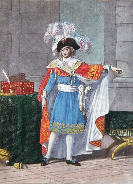 A Directoire-korszak (1795-99) végrehajtó igazgatóságának öt tagja közül az egyik hivatalos öltözékben (színes metszet) alkotó: Jean Francois (after) Garneray