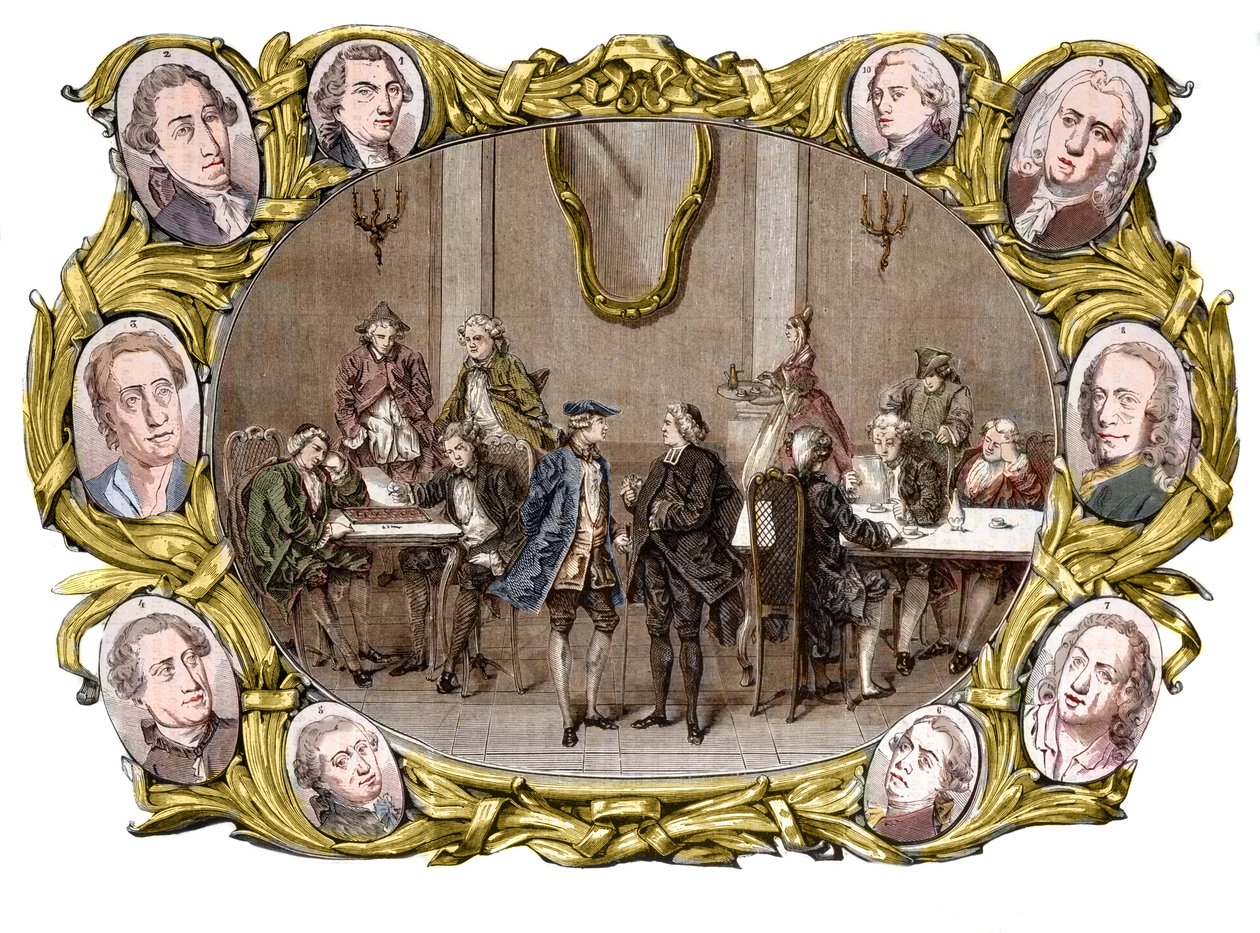 Párizs – A „Procope” kávézó a 18. században jobbról balra, a medálokban Georges Louis Leclerc, Comte de Buffon, Nicolas Joseph Florent Gilbert, Denis Diderot, Jean le Rond d