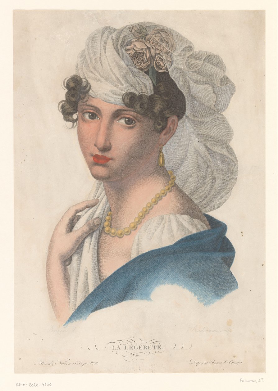 Nő arany fülbevalóval, nyaklánccal és fehér fátyollal La Légéreté (cím a tárgyon) alkotó: Jean Francois Badoureau