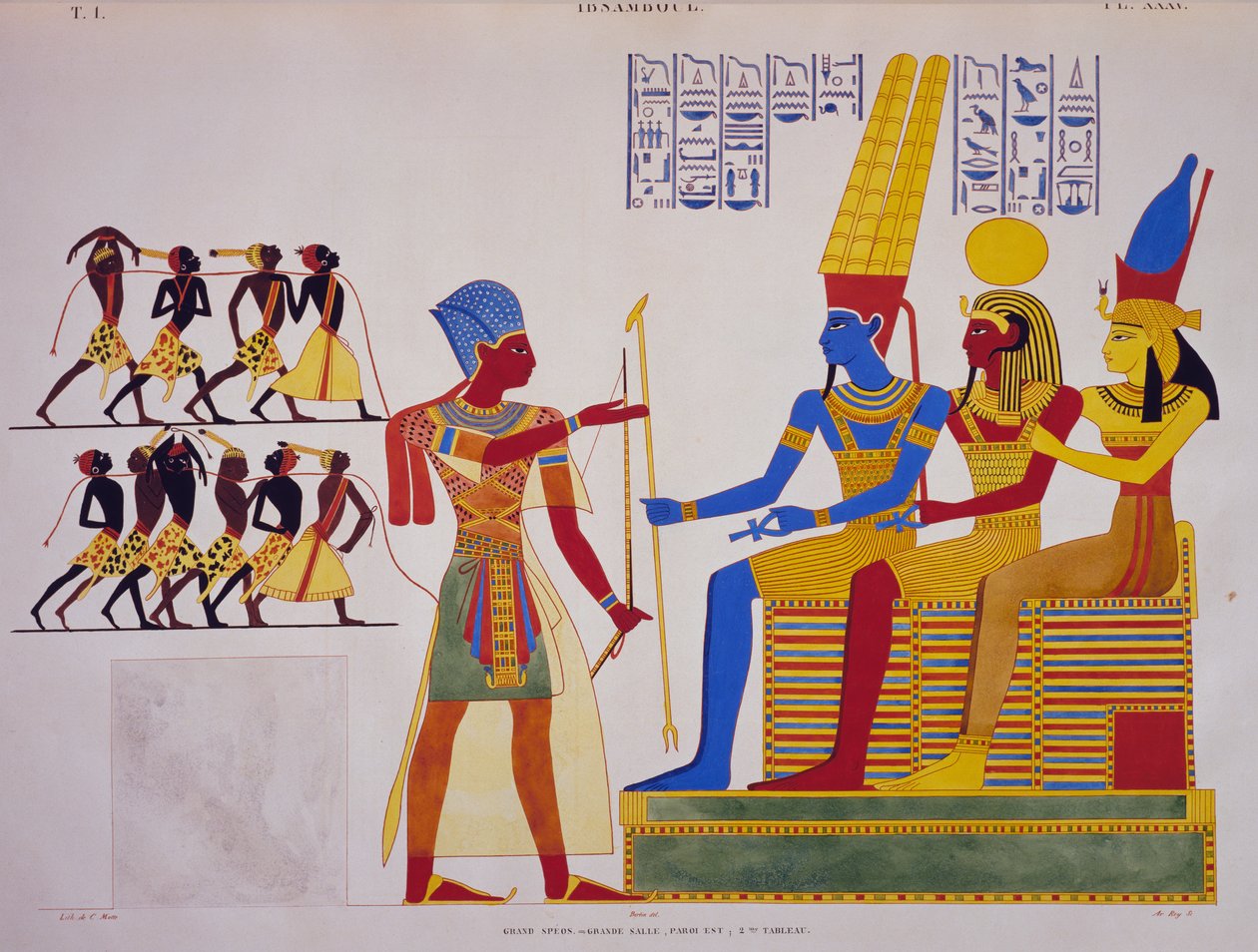 Ramszesz a Triád előtt, freskó Abu Simbel nagytermének keleti faláról, Egyiptom és Núbia emlékműveiből alkotó: Jean Francois Champollion