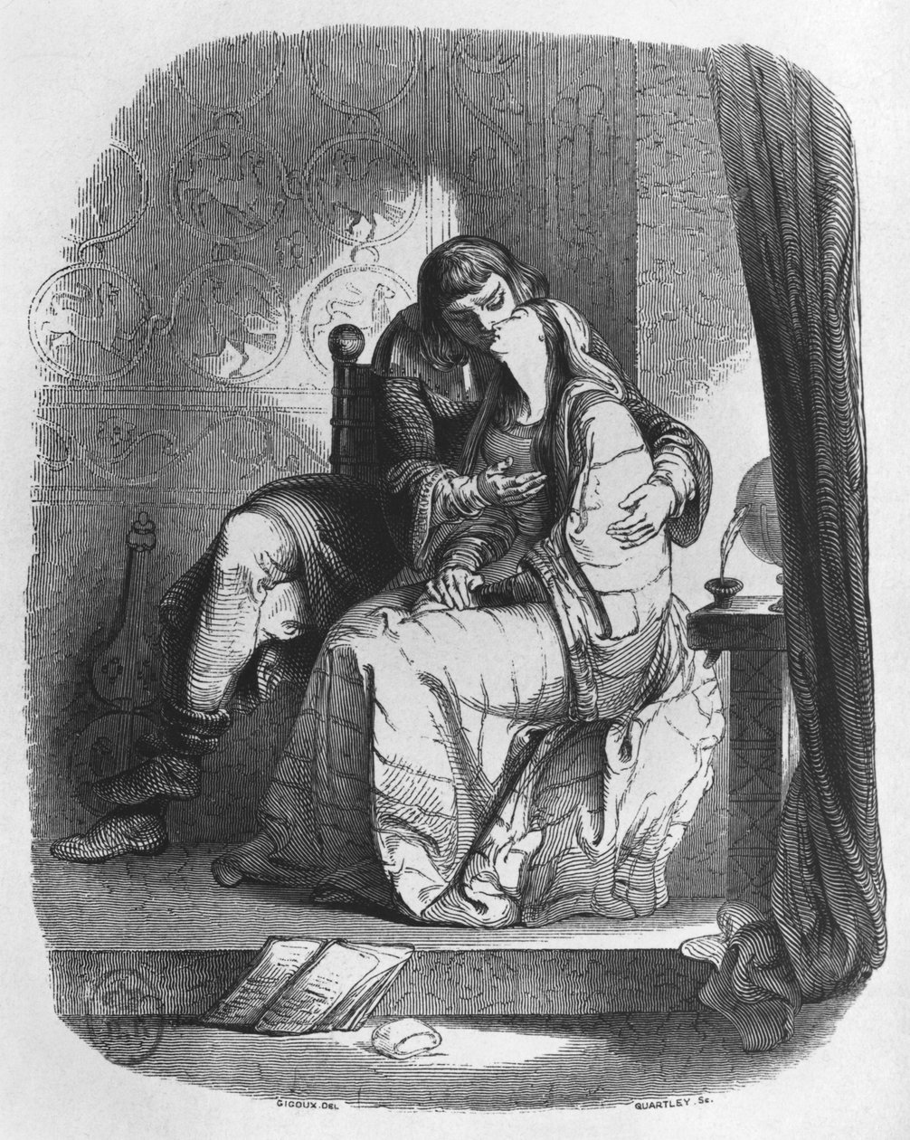 Heloise és Abelard csókolózás, illusztráció a "Lettres d