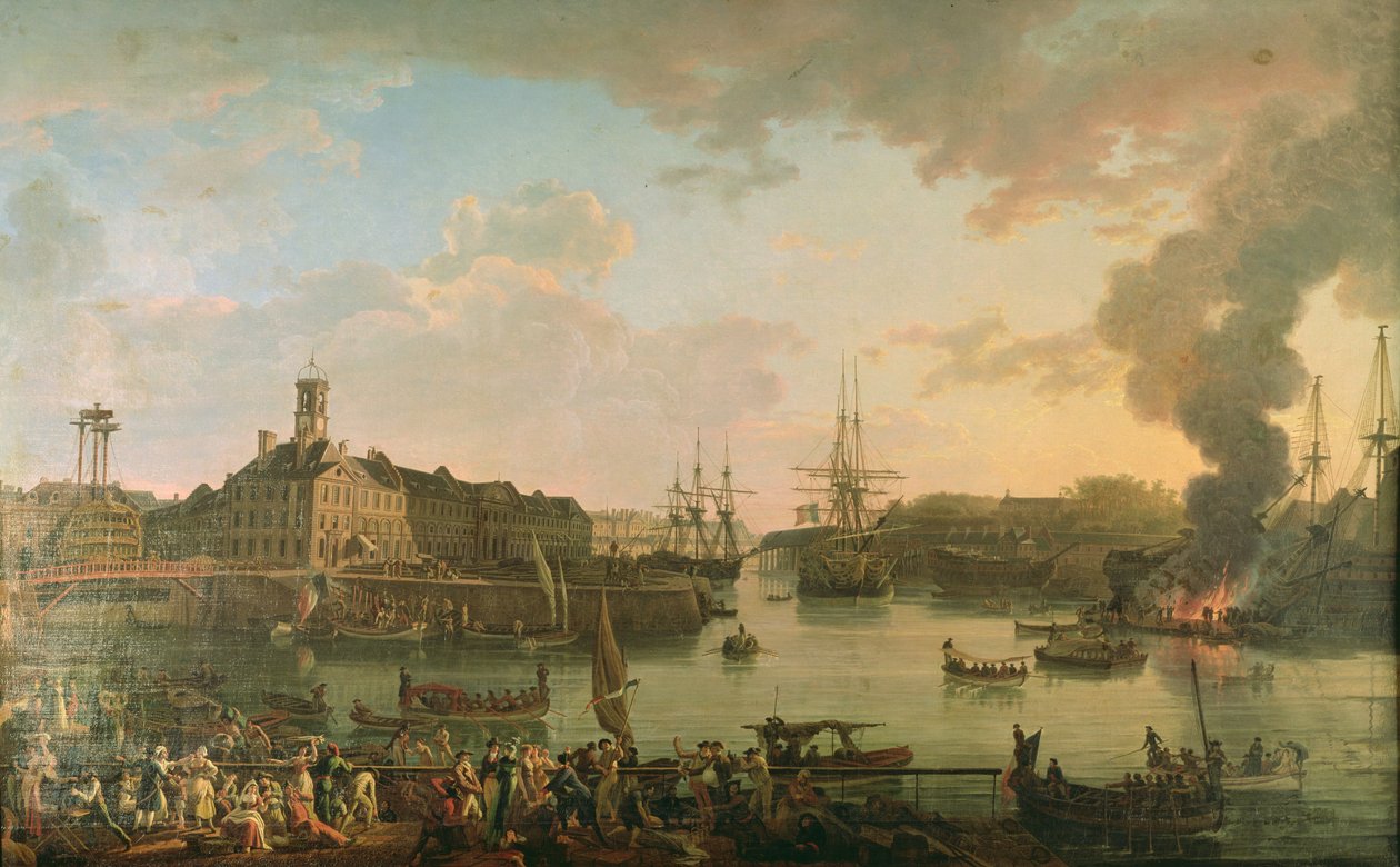 Brest kikötőjének kilátása a fedett dokkokból 1795-ben, 1795-ben alkotó: Jean Francois Hue