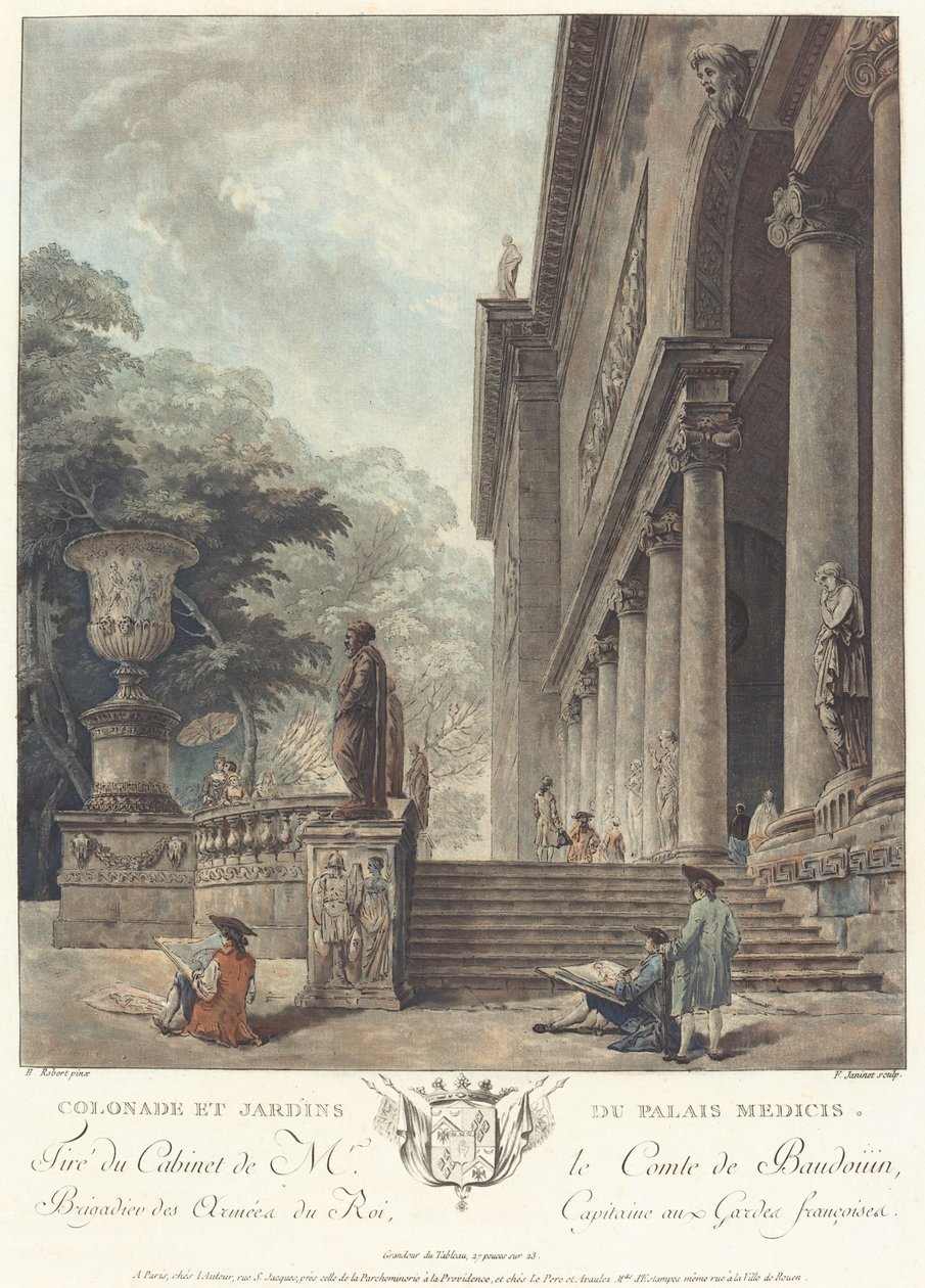Oszlopsor és Jardins du Palais Medici A Medici-palota oszlopcsarnoka és kertjei, c. 1776 alkotó: Jean Francois Janinet