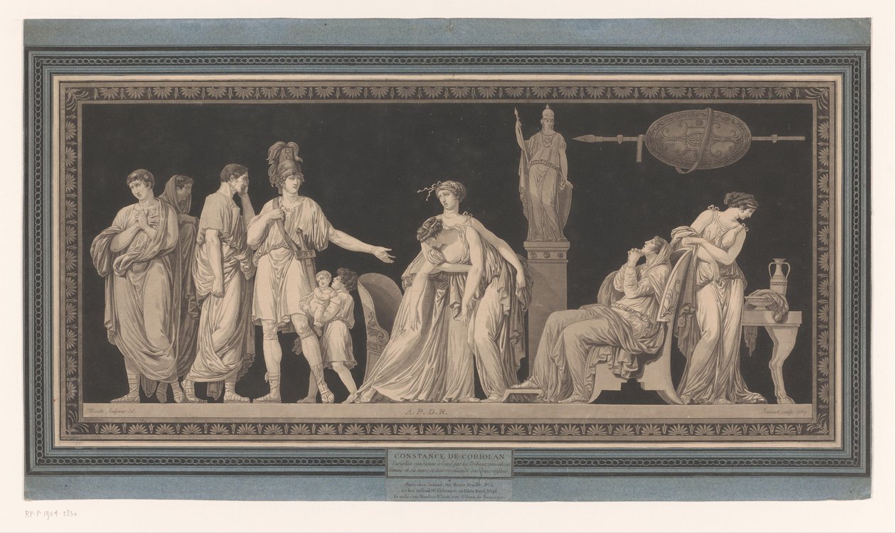 Coriolanus vigasztalja feleségét és anyját Constance de Coriolan (cím a tárgyon) alkotó: Jean Francois Janinet