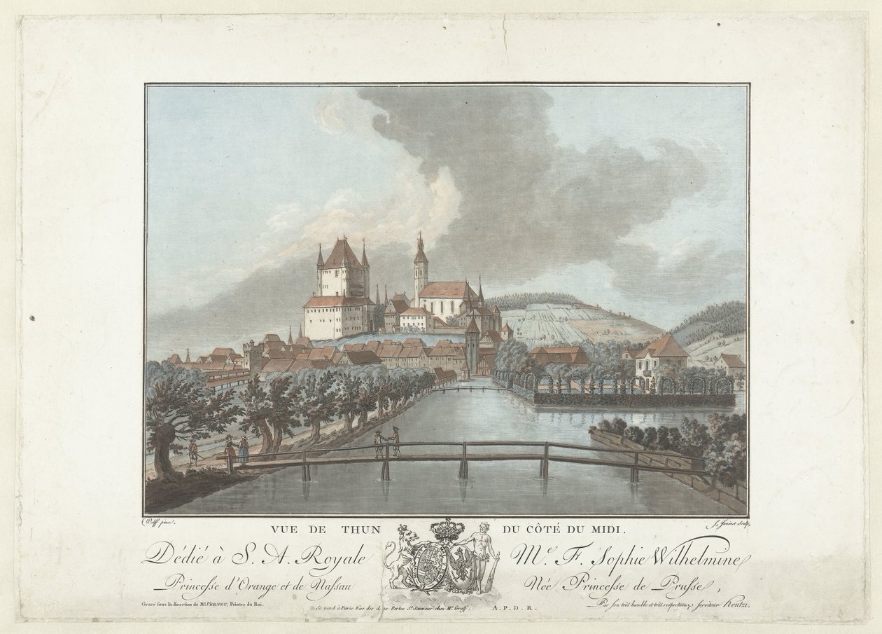 Gezicht op Thun Thun kilátása a déli oldalról (cím az objektumon) Figyelemre méltó kilátás a svájci hegyekre (sorozat címe) alkotó: Jean Francois Janinet