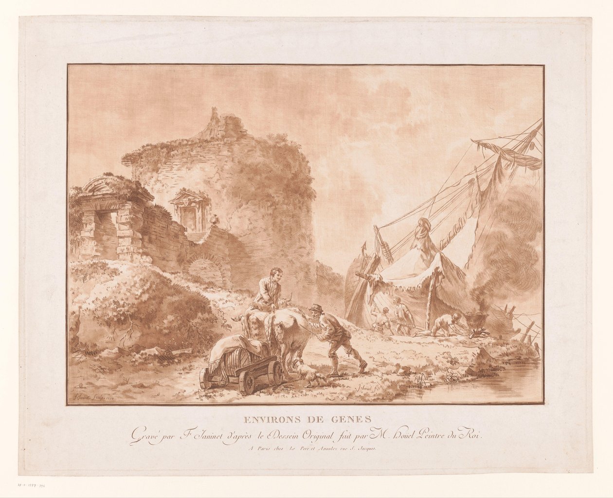 Táj romokkal és egy hajóval Genova közelében Environs de Genes (cím az objektumon) alkotó: Jean Francois Janinet