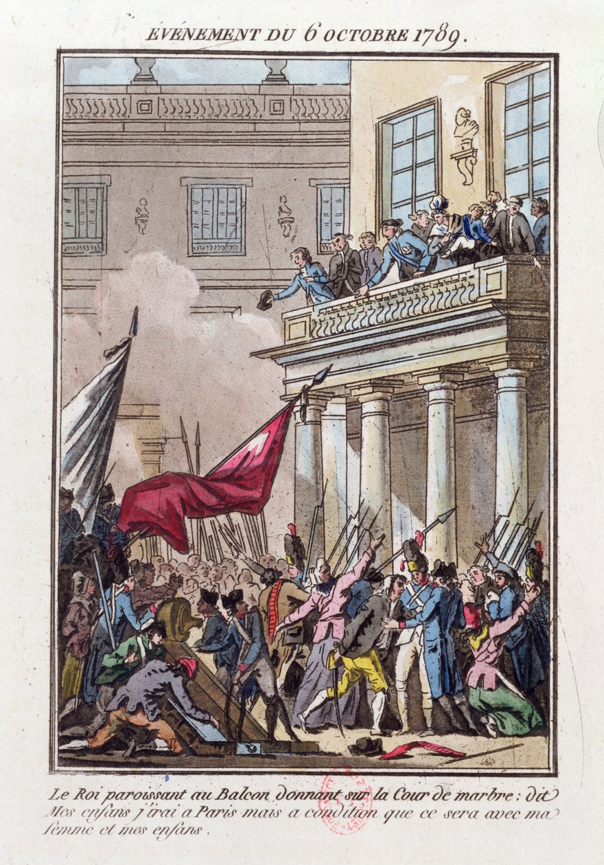 XVI. Lajos megjelent a versailles-i erkélyen 1789. október 6-án, hogy elmondja a párizsi tömegnek, hogy Párizsba megy azzal a feltétellel, hogy felesége és családja vele utazik. alkotó: Jean Francois Janinet
