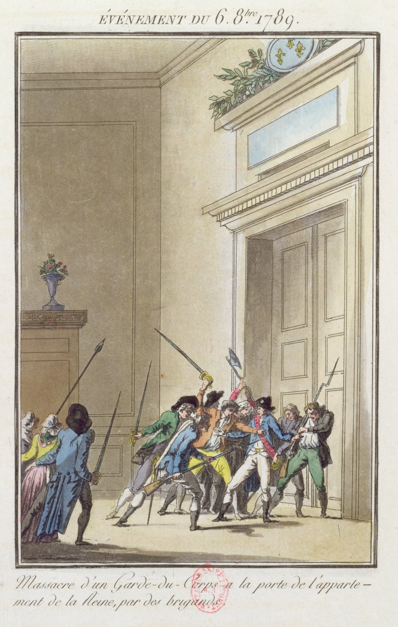 A párizsi tömeg megtámadja és megöli az őrt a versailles-i királynő lakásának bejáratánál 1789. október 6-án alkotó: Jean Francois Janinet
