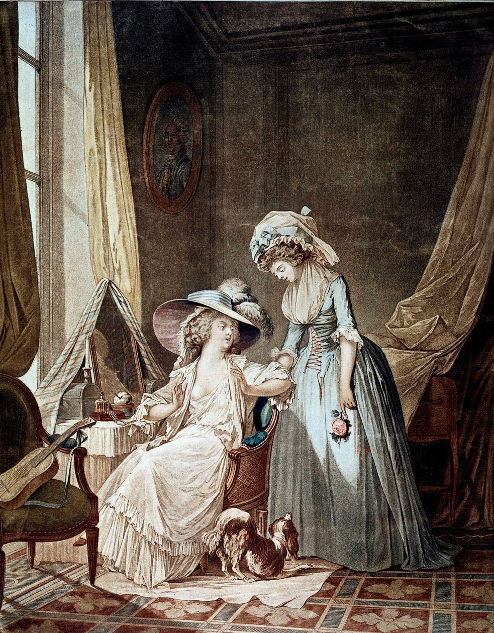 A nehéz vallomás. Egy szolgáló meghallja az úrnőjét. Jean Francois Janinet nyomata (1752-1814) alkotó: Jean Francois Janinet