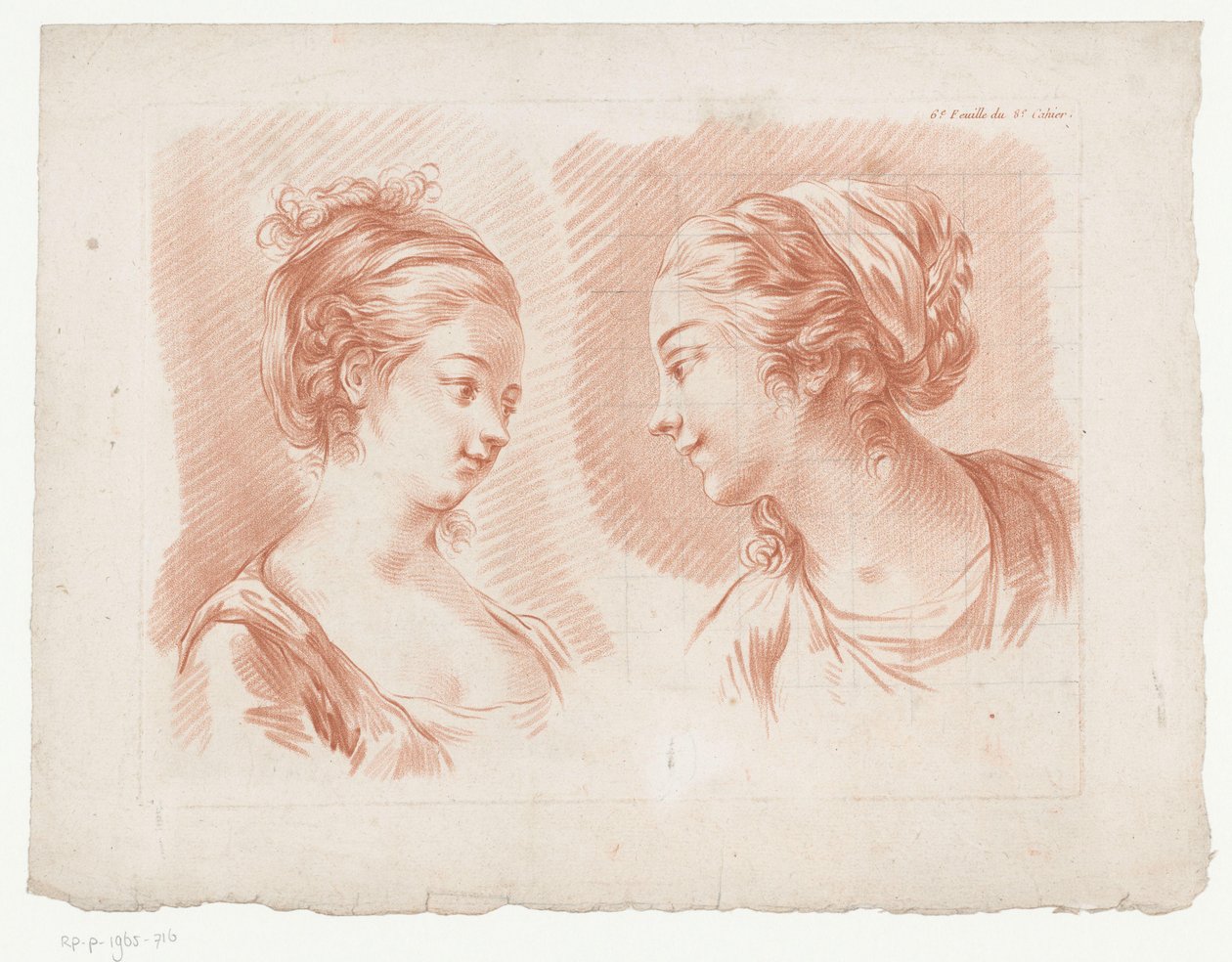 Két női fej 6.th Feuille du 8.e Cahier. (cím a tárgyon) Az emberi test részeit tartalmazó kompozíciók (sorozat címe) Huitième Cahier de Principes de Design (sorozat címe) alkotó: Jean Francois Janinet