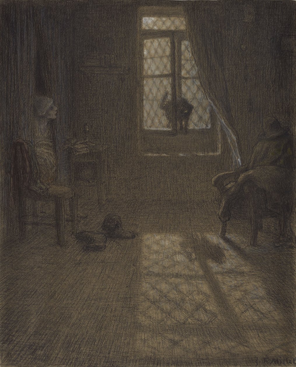 Le chat vagy A macska az ablaknál, 1857-58 (konté zsírkréta és pasztell domborítással és keveréssel, szőtt papírra rögzítve) alkotó: Jean Francois Millet