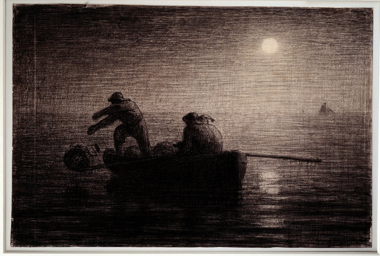 Agyagokat dobáló homárhalászok, éjszakai hatás Jean Francois Millet (1814-1875) fekete ceruzarajza, 1856-1858 körül. Homályos. 0,32 x 0,49 m Párizs. Orsay Múzeum alkotó: Jean Francois Millet